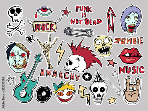 Cute  patches and stickers collection. Punk is not dead. Hand drawn sketches. Lips skull pins guitar stars arrows red eyes rock symbols zombies scary dead man vinyl record hand written tag lines.