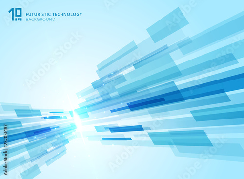 Abstract perspective futuristic technology geometric with light burst blue background.