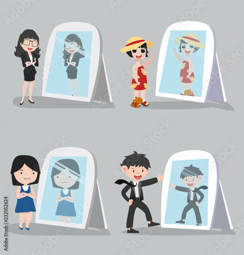 Young people looking  standing in front of the mirror