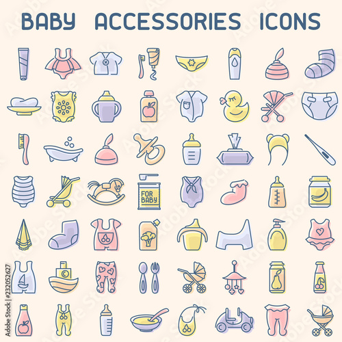 Baby accessories icons set. Vector illustration. Suitable for advertising or web