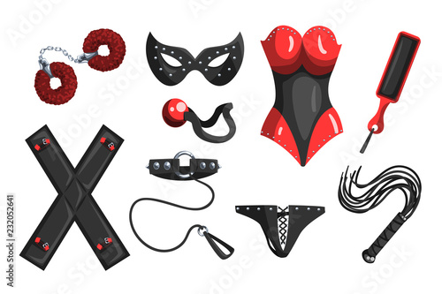 Fetish stuff for role playing and bdsm sett of vector Illustrations on a white background