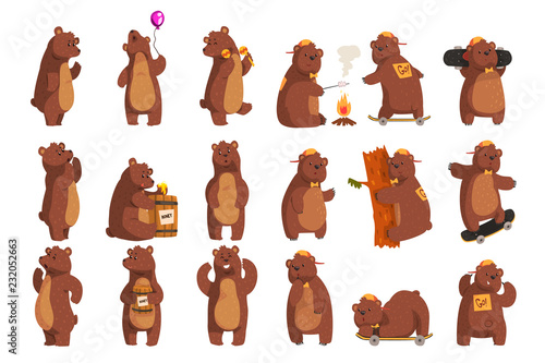 Set with funny bear. Forest animal waving by paw, holding balloon, dancing, howling, calling someone, eating honey from wooden barrel, smiling. Flat vector design photo