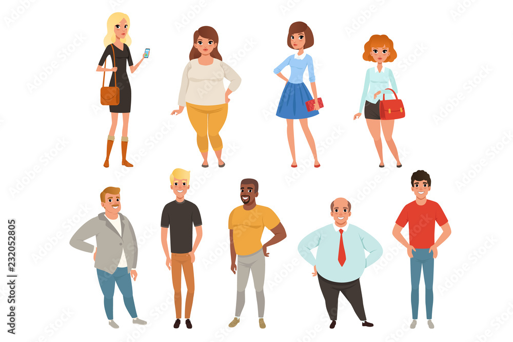 Cartoon collection of young and adult people in different poses. Men and women characters wearing casual clothes. Full-length portraits. Flat vector design