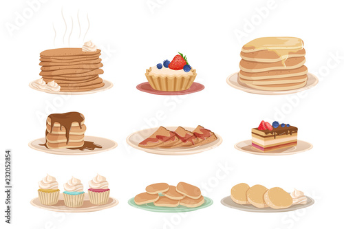 Set with various sweet desserts stack of pancakes, cupcakes, cake, fritters and tartelette. Tasty breakfast. Flat vector design for pastry shop, recipe book or menu