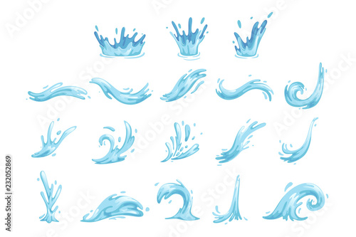 Set of blue waves and water splashes, wavy symbols of nature in motion vector Illustrations