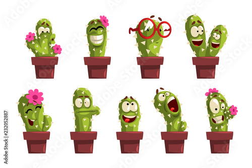 Potted cactus characters sett, funny cacti in flower pot with different emotions vector Illustrations on a white background