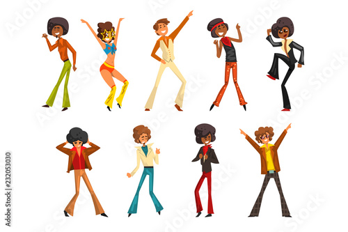 Male dancer moving body at music party, retro disco dancers sett of vector Illustrations on a white background
