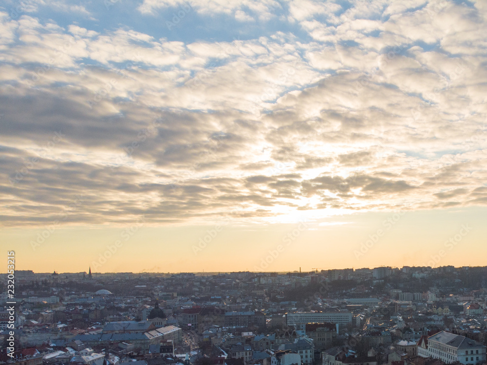 beauty sunset over old european city. birds eye view
