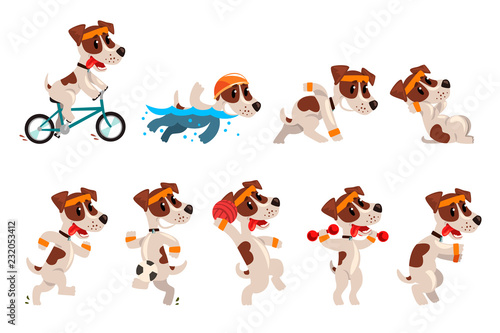 Cute sportive jack russell terrier set, funny pet dog character doing various kinds of sports vector Illustrations