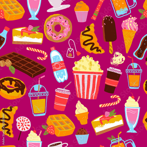 Vector seamless pattern with dessert, drink, snack illustration: donut, popcorn, coffee, croissant, cupcake isolated on pink background. Hand drawn sketch style. Good for banners, menu cover, package.