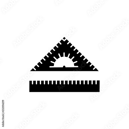 Black & white vector illustration of ruler, triangle with protractor. Flat icon of instrument for school math, geometry. Technical & mechanical drawing tool. Isolated object