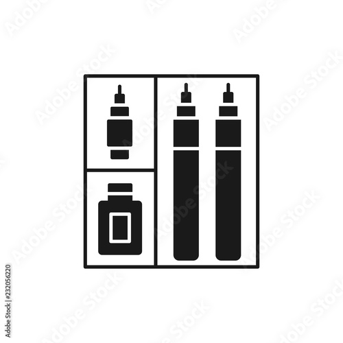 Black & white vector illustration of fineliner pen kit. Flat icon of ink liner set for architect, drafter, engineer. Technical & mechanical drawing tool. Isolated object