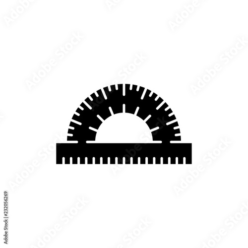 Black & white vector illustration of school math protractor. Flat icon of instrument for architect, drafter, student. Technical & mechanical drawing tool. Isolated object