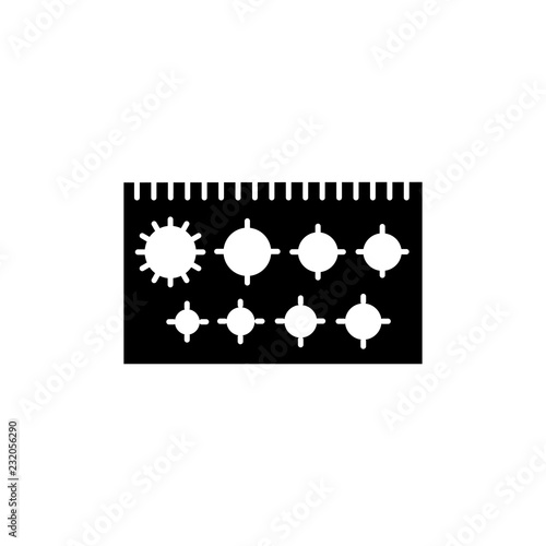 Black & white vector illustration of drafting template ruler with circles. Flat icon of stencil for architect, drafter, draftsman. Technical & mechanical drawing tool. Isolated object