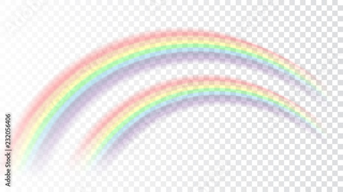 Rainbow icon. Shape arch realistic isolated on white transparent background. Colorful light and bright design element. Symbol of rain, sky, clear, nature. Graphic object. Vector illustration