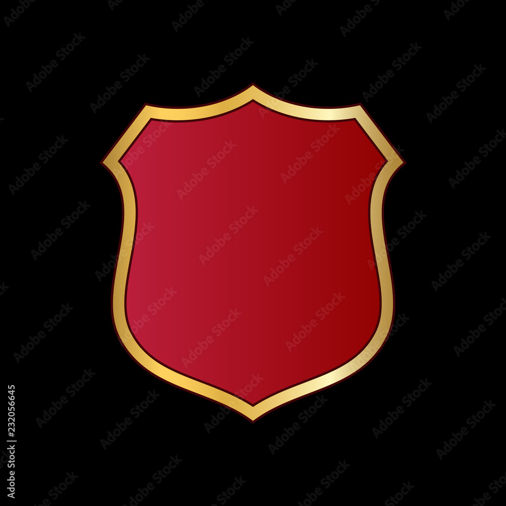 Gold and red shield shape icon. Logo emblem metallic sign isolated on black background. Shape shield symbol of security, protection or armor, safe. Shiny element design. Vector illustration
