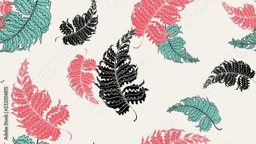Floral seamless pattern, hand drawn Barnsley fern on light yellow background,...
