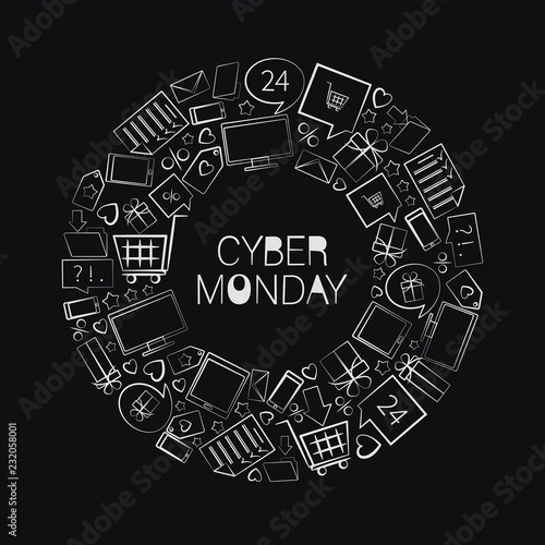 CYBER MONDAY. White signs arranged in a circle. Deal offer. Inscription design template with contrasting signs, black and white poster. Concept of sales notice, e-commerce, delivery service.