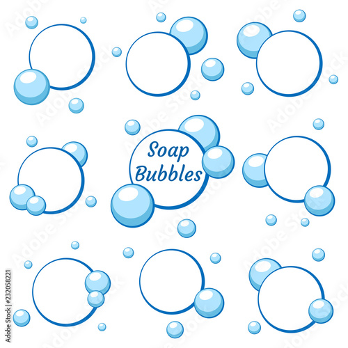 Blue air bubbles from water or chewing gum, foam. Set of templates for dialogs and messages, prices and discounts. Isolated white background. EPS10 vector illustration.