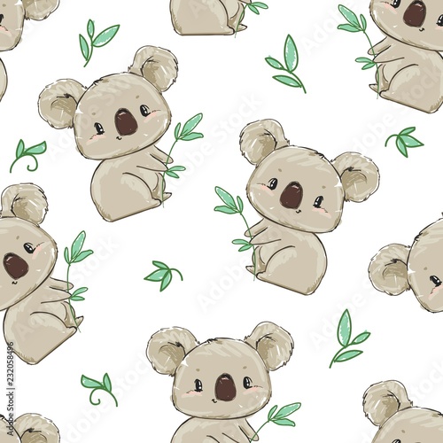 Hand Drawn cute koala Pattern, print design background, children print textile design