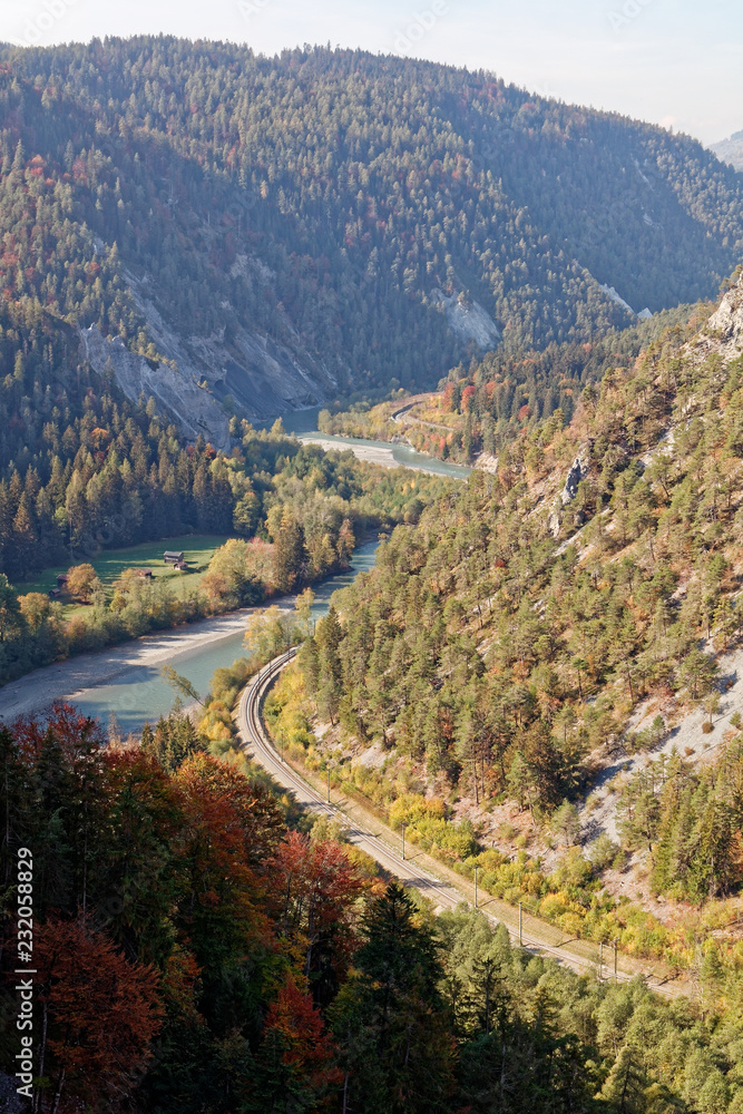 Sunny autumnal Ruinaulta - Rheinschlucht (Rhine canyon), Illanz/Glion - Reichenau, Switzerland