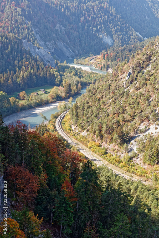Sunny autumnal Ruinaulta - Rheinschlucht (Rhine canyon), Illanz/Glion - Reichenau, Switzerland