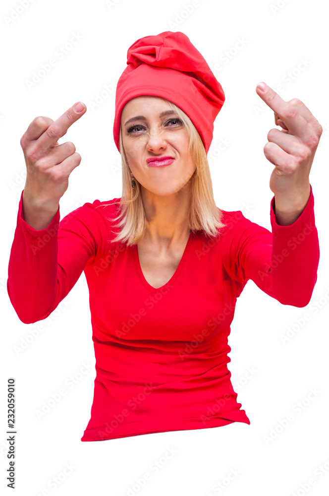 Young woman showing obscene gesture middle fingers Young woman showing obscene gesture middle fingers