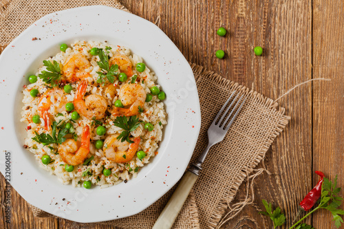 Risotto With Shrimp. Flat lay.