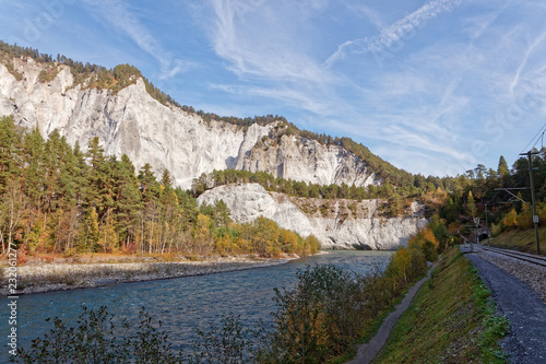 Views of "Il Spir" skywalk from sunny autumnal Ruinaulta - Rheinschlucht (Rhine canyon), Versam-Safien, Switzerland