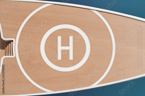 Helicopter landing deck top view white helicopter sign on yacht bow