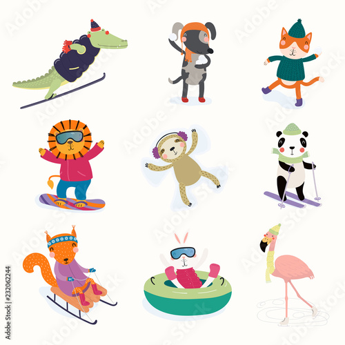 Set with cute animals in winter, playing, skiing, sledding, snowboarding, tubing, skating. Isolated objects on white. Hand drawn vector illustration. Scandinavian style flat design. Concept kids print