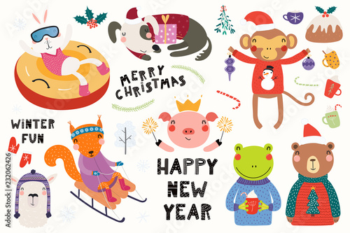 Big set with cute animals doing winter, Christmas activities, typography. Isolated objects on white background. Hand drawn vector illustration. Scandinavian style flat design. Concept for kids print.
