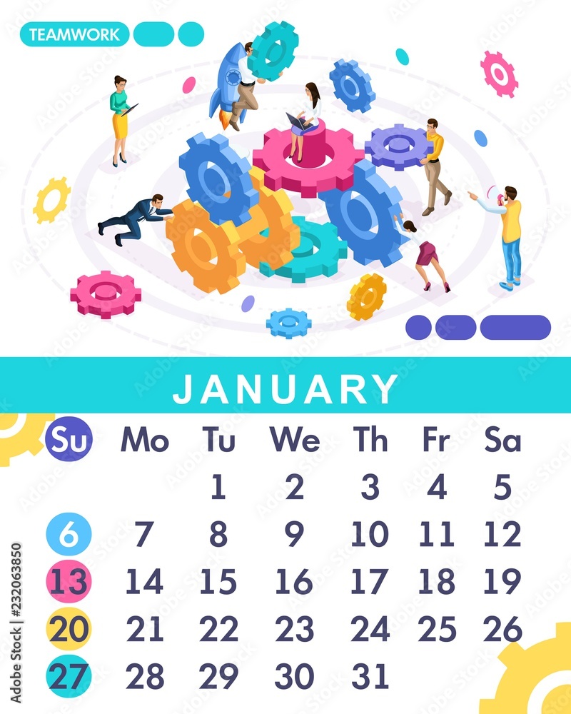 Isometric month January from set calendar of 2019. Teamwork concept banner. Concept of creating a business strategy. Isometric people on a white background Isometric month January from set calendar of 2019. Teamwork concept banner. Concept of creating a business strategy. Isometric people on a white background
