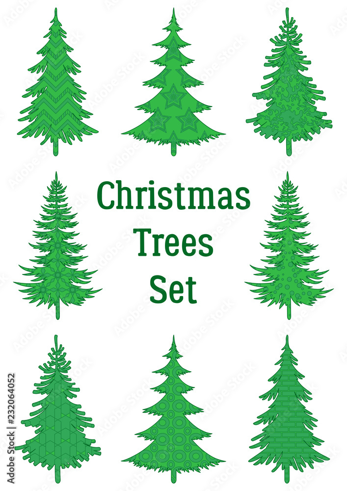 Fototapeta premium Set of Green Holiday Christmas Trees, Winter Symbols with Patterns, Isolated on White. Vector