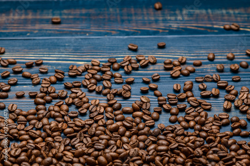 Coffee close up on a wooden blue table