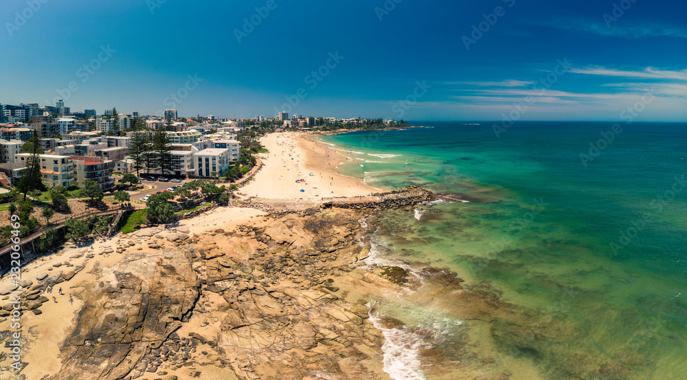 Fototapeta premium Aerial panoramic image of ocean waves on a Kings beach, Caloundra, Queensland