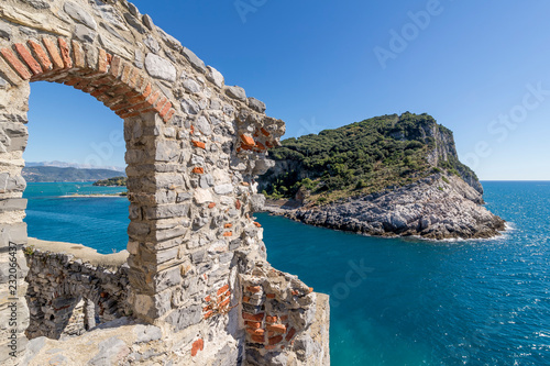 Beautiful view of the ancient walls and the natural park of Portovenere and Palmaria island, Liguria, Italy photo