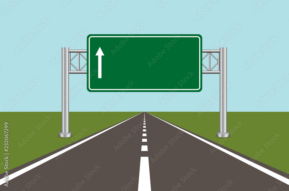 Road highway sign. Green board with arrow and road with markings. Stock