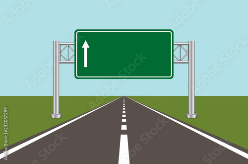 Road highway sign. Green board with arrow and road with markings.