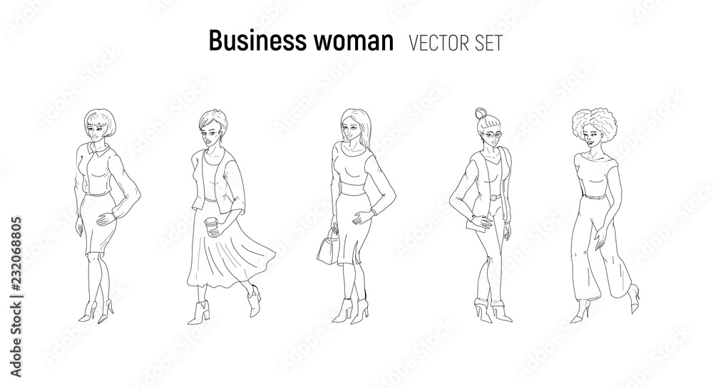 Fototapeta premium Business woman vector illustration. Sketch style set