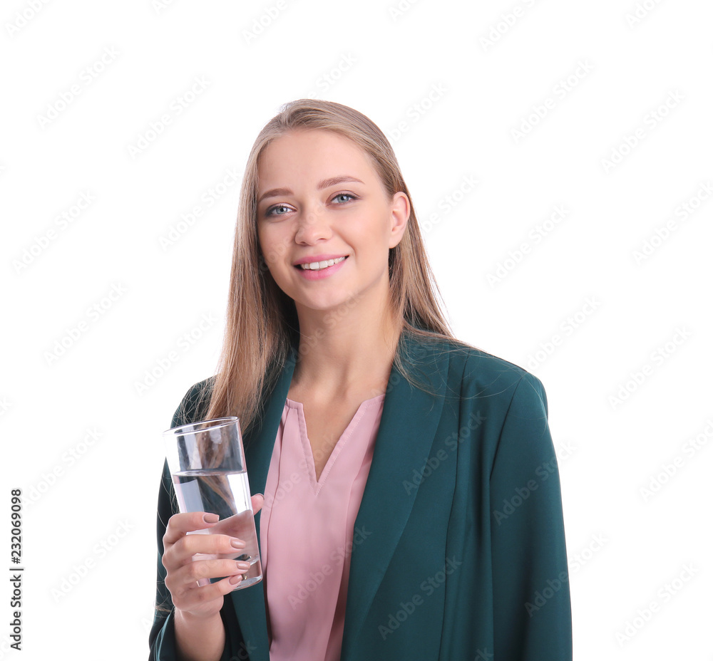 Beautiful young woman drinking water on white background Beautiful young woman drinking water on white background