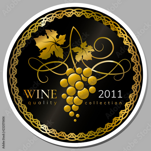 Black and gold wine sticker on the bottle. Design of the wine label. Vector illustration.