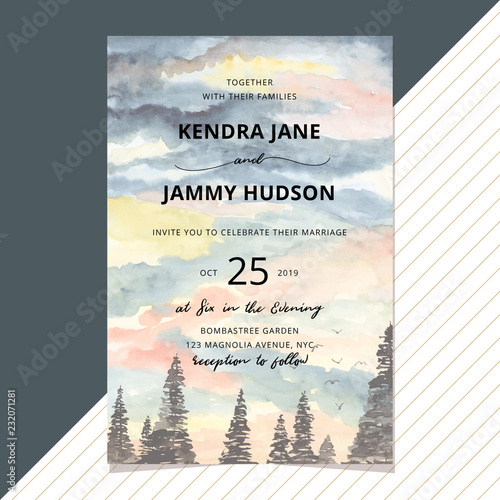 wedding invitation with landscape watercolor background