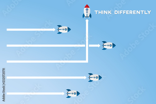 Think different. Think differently concept. Red airplane changing direction. New idea, change, trend, courage, creative solution, innovation and unique way concept. 