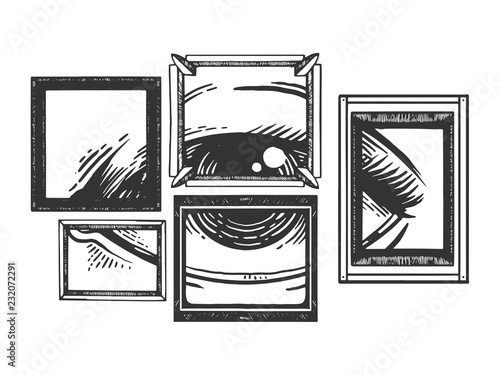 Eye in painting frames engraving vector illustration. Scratch board style imitation. Black and white hand drawn image.