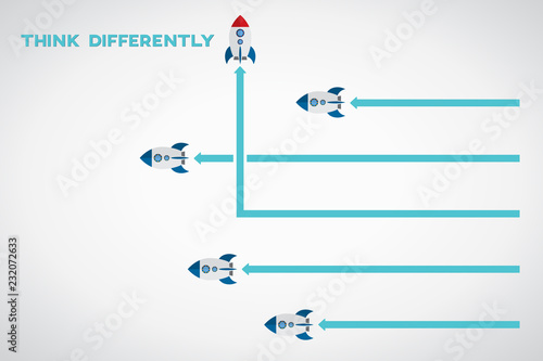 Think different. Think differently concept. Red airplane changing direction. New idea, change, trend, courage, creative solution, innovation and unique way concept. 