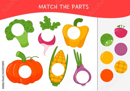 Matching children educational game. Match parts of cartoon vegetables. Activity for pre shool years kids and toddlers.