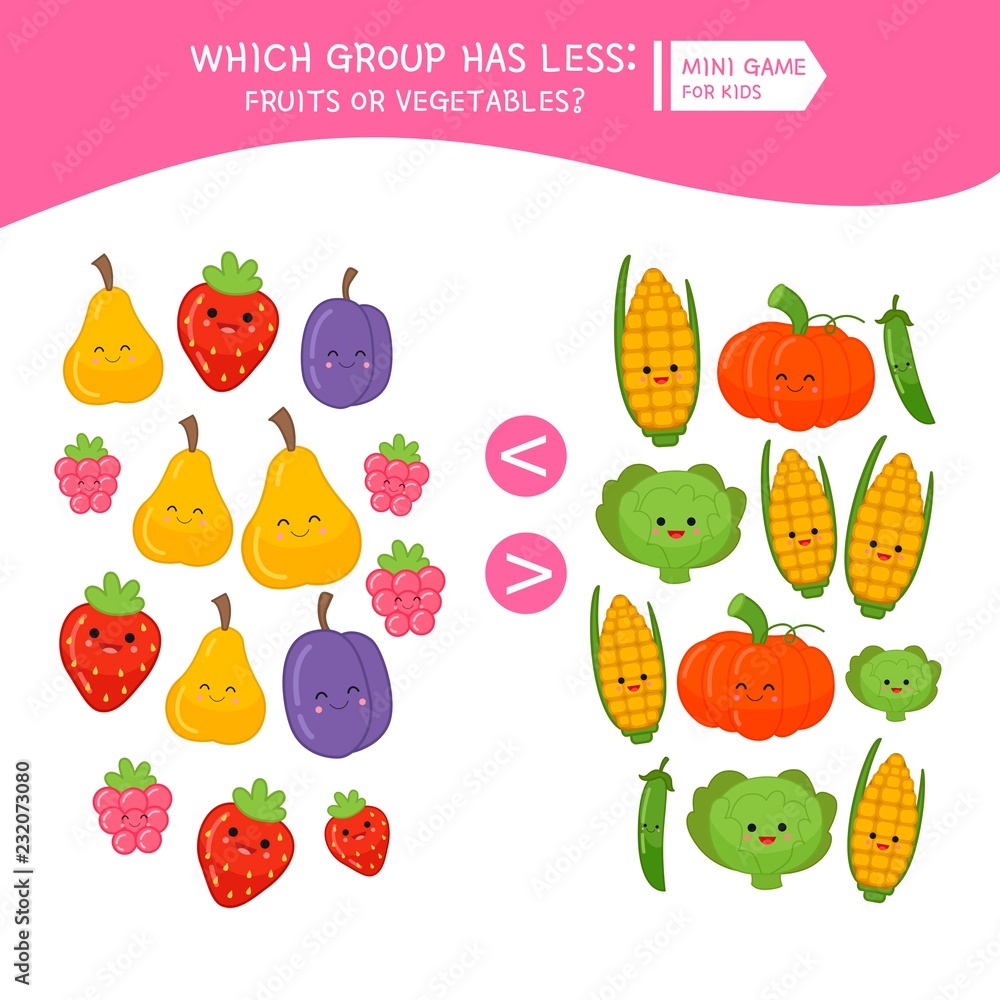 Counting educational children game, math kids activity sheet. How many objects task. Cartoon fruits and vegetables. Counting educational children game, math kids activity sheet. How many objects task. Cartoon fruits and vegetables.