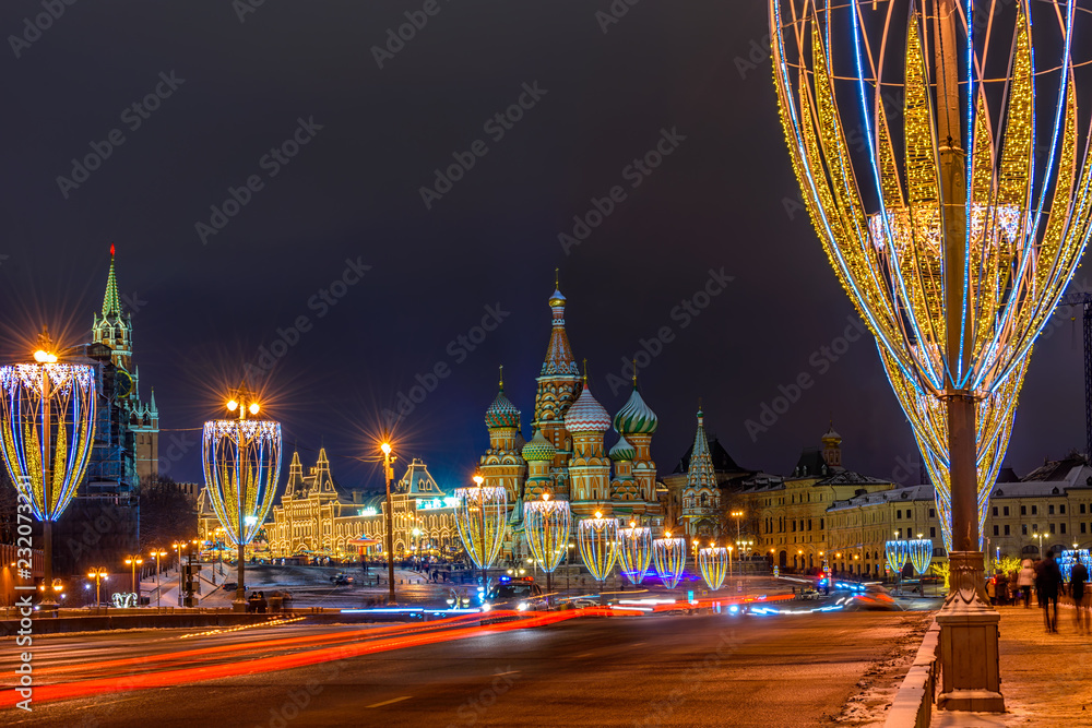 Night view of Moscow Kremlin, Saint Basil s Cathedral and Red Square in Moscow, Russia. Architecture and landmark of Moscow. Night winter cityscape of Moscow