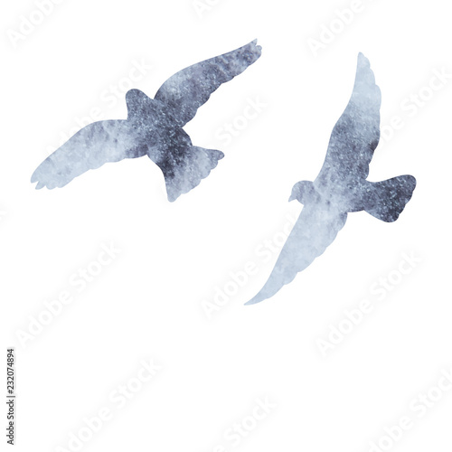Vector, isolated flock of birds flying, gray watercolor silhouette.